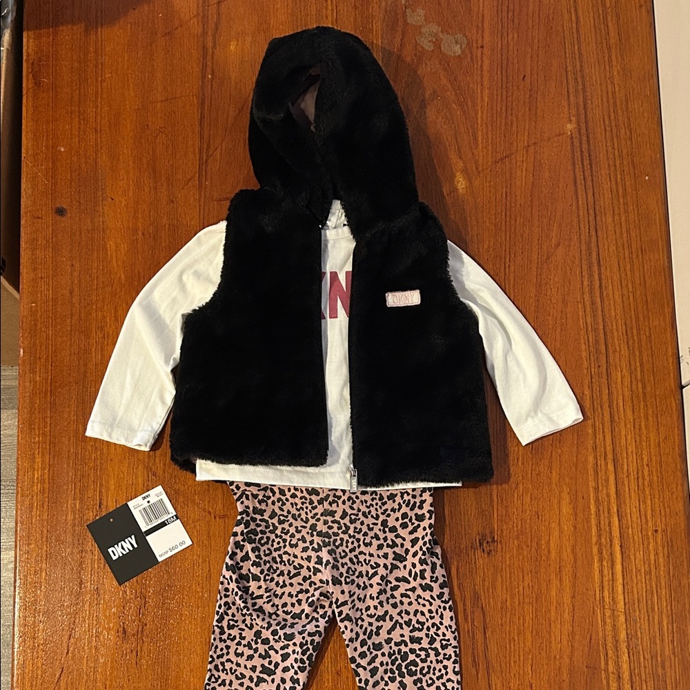 DKNY Black Faux Fur Vest with Hood and Leopard Pants Size 18 Months